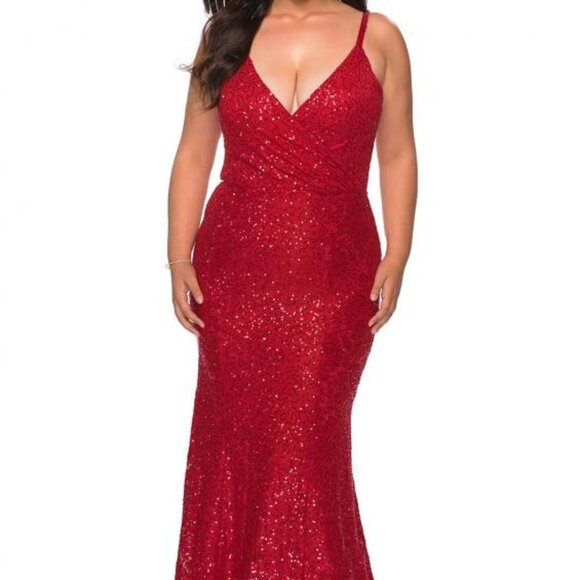 NWT La Femme 29063 Sequin Cut Out Evening Dress Red size 12W - Picture 1 of 6